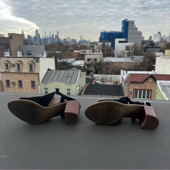 Franco Sarto Black Suede Sandal Size 7 Harlet 2 Block Heel Peep Toe bohemian - Picture 6 of 6